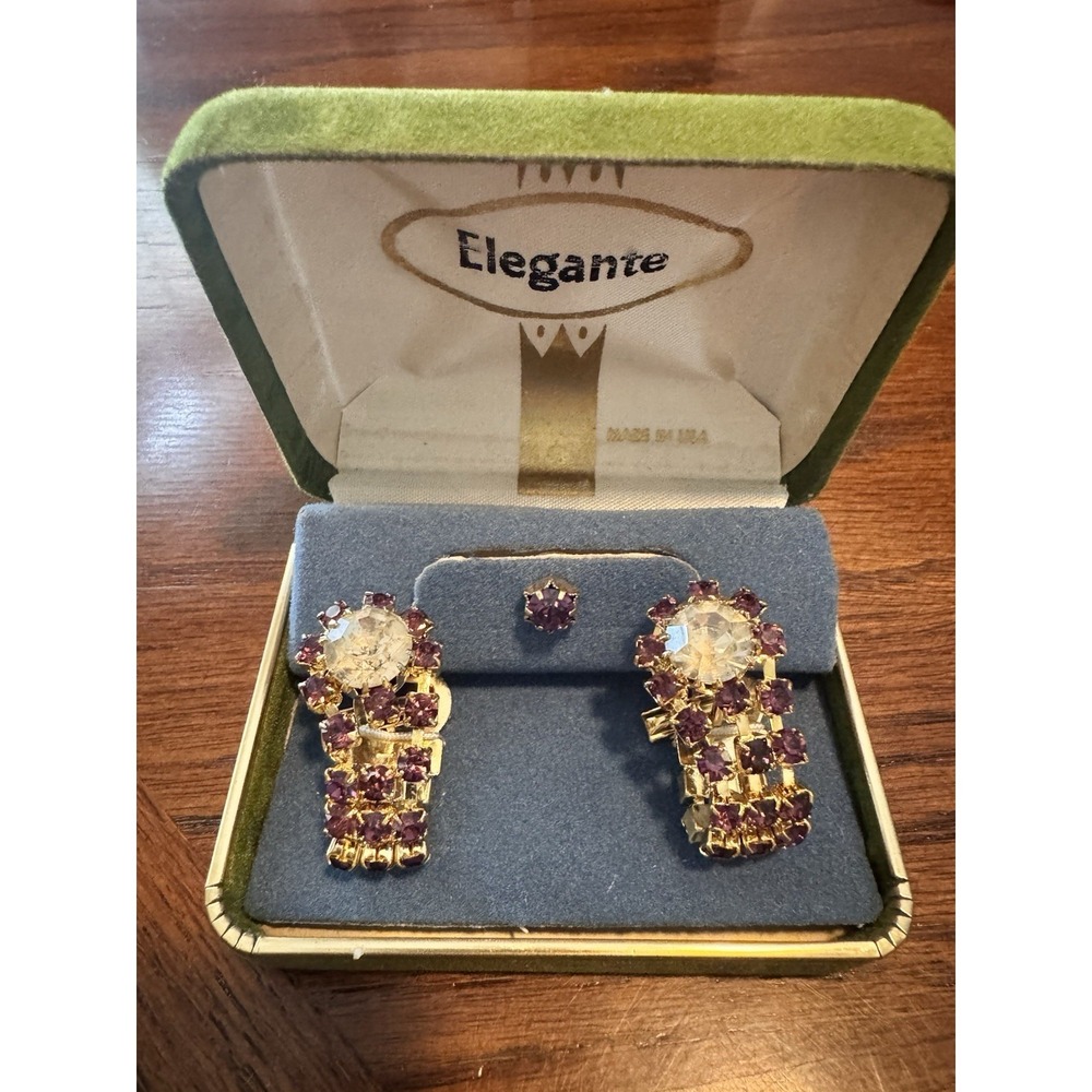 Elegante Purple Rhinestone Sweater Collar Clips & Matching Pin Boxed VTG